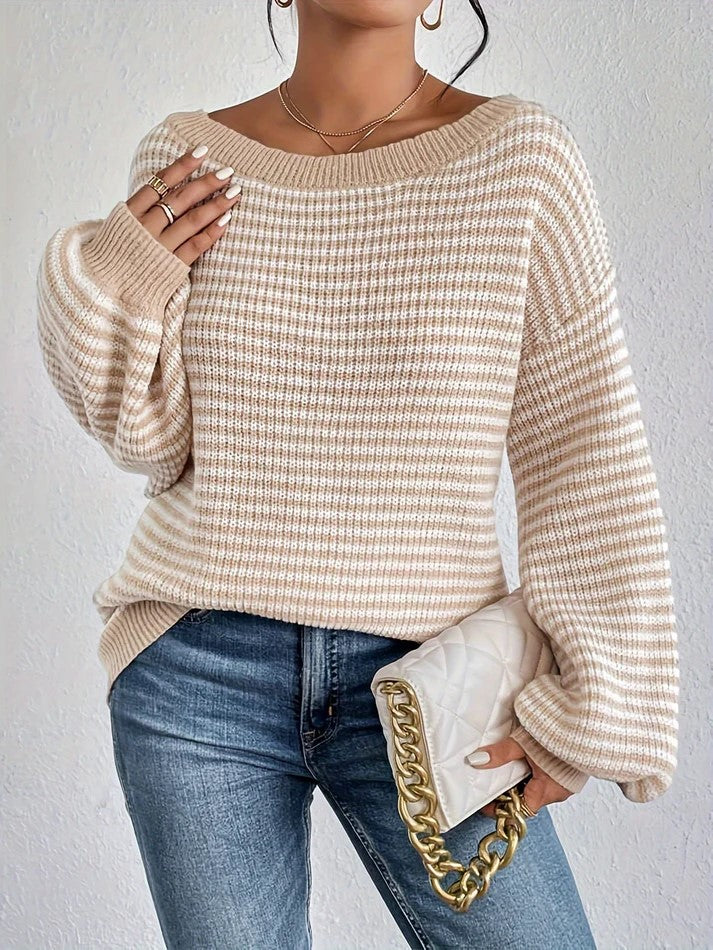 Lässiger gestreifter Off-Shoulder-Pullover mit dehnbarer Stoff und Rundhalsausschnitt für Damen | Perfekt für den Alltag