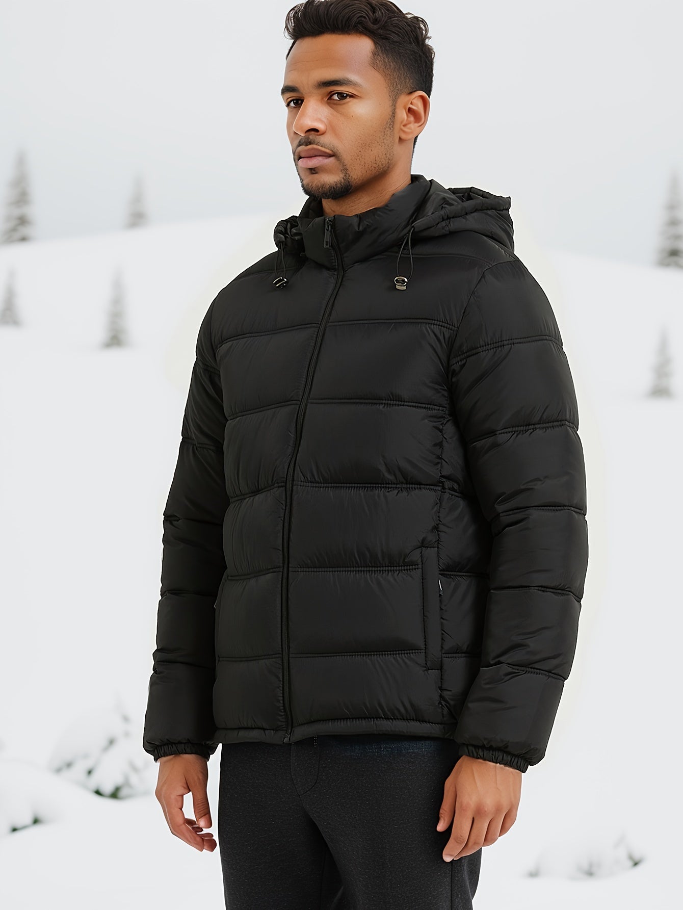 Casual Schlichte Einfarbige Puffer Winterjacke mit Kapuze und Reissverschluss für Herren | Ideal für den Winter