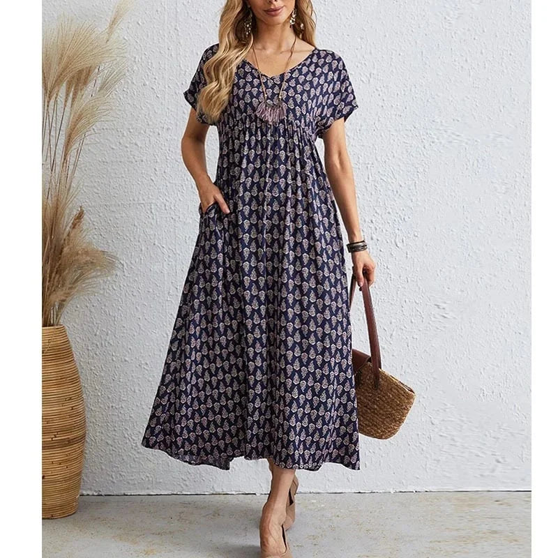 Sadira - Neues Vintage-Kleid mit V-Ausschnitt aus Leinen und Moderner Stil