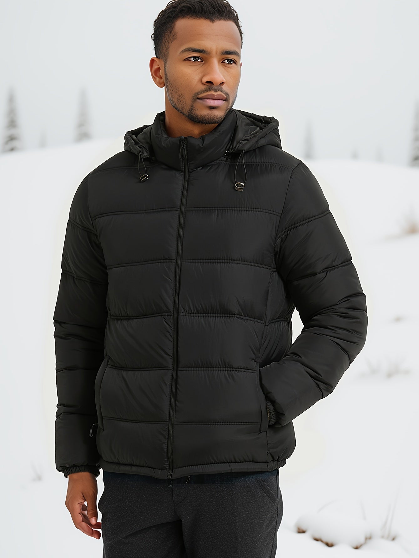 Casual Schlichte Einfarbige Puffer Winterjacke mit Kapuze und Reissverschluss für Herren | Ideal für den Winter