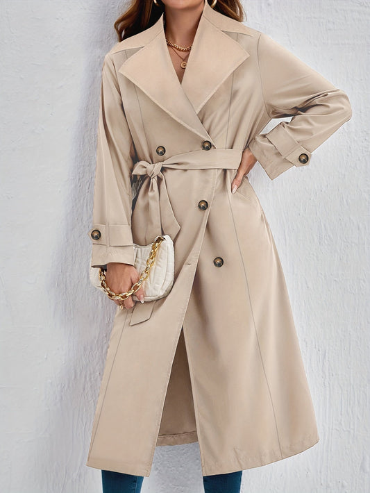 Eleganter Khaki Langer Trenchcoat mit Taillenband für Damen | Ideal für den Winter