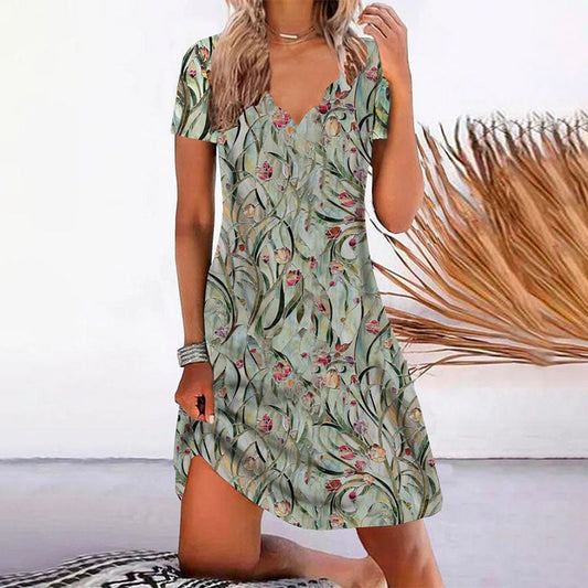 Alara - Kleid - Boho - Leinen, Blumenmuster - Ideal für Sommer