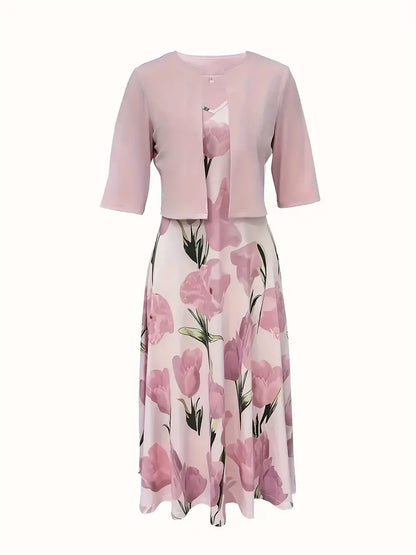 Helisandra - Florales Maxikleid mit V-Ausschnitt und Strickjacke