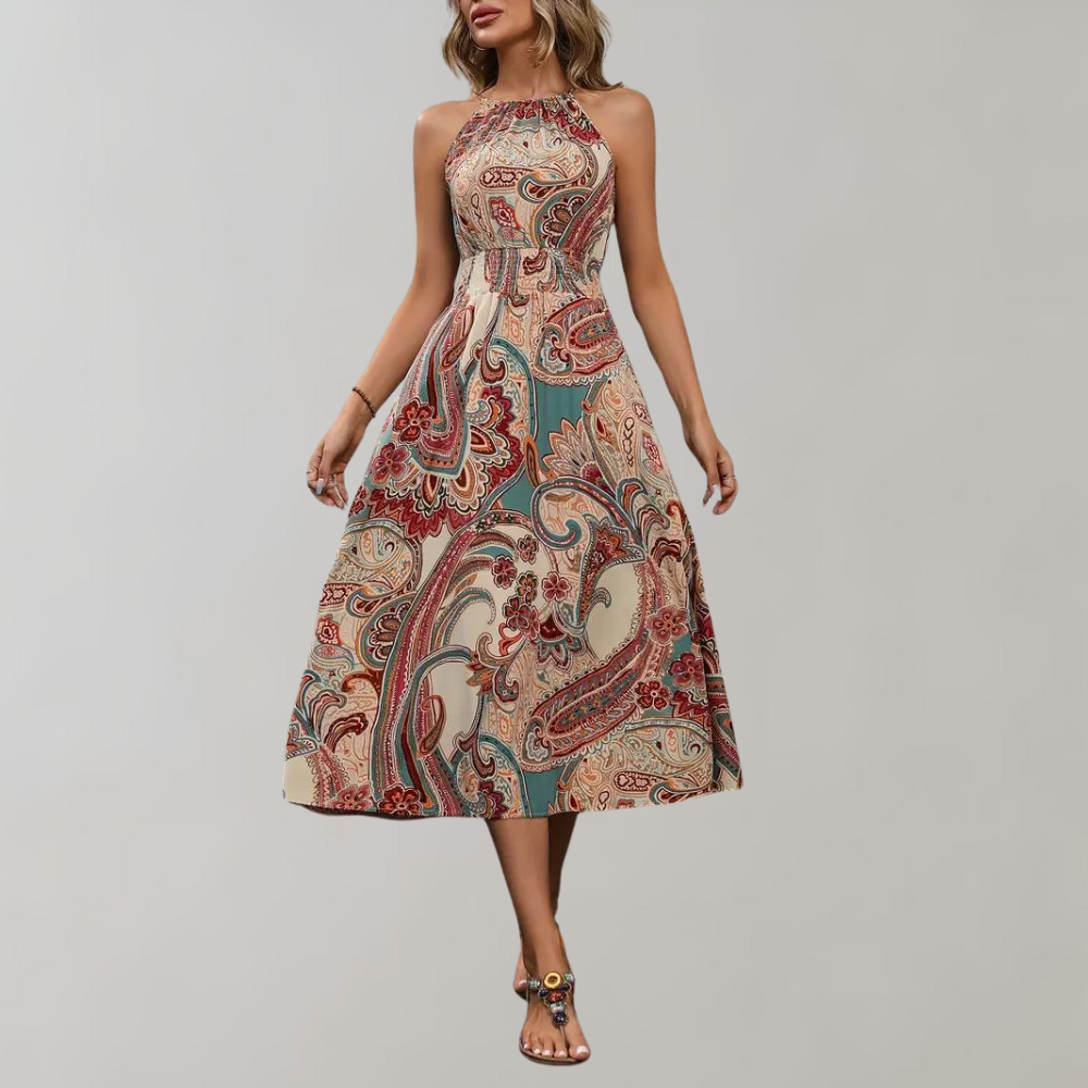 Naomi - Sommerkleid - Boho - Khaki Materialien / Einzigartiger Druck - Ideal für Sommer