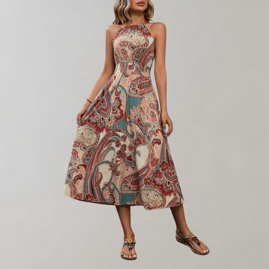 Naomi - Sommerkleid - Boho - Khaki Materialien / Einzigartiger Druck - Ideal für Sommer