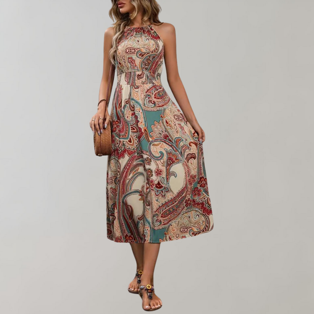 Naomi - Sommerkleid - Boho - Khaki Materialien / Einzigartiger Druck - Ideal für Sommer