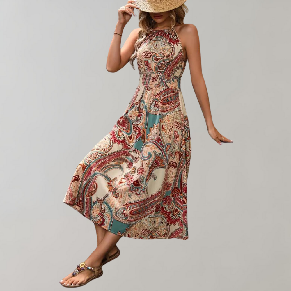 Naomi - Sommerkleid - Boho - Khaki Materialien / Einzigartiger Druck - Ideal für Sommer