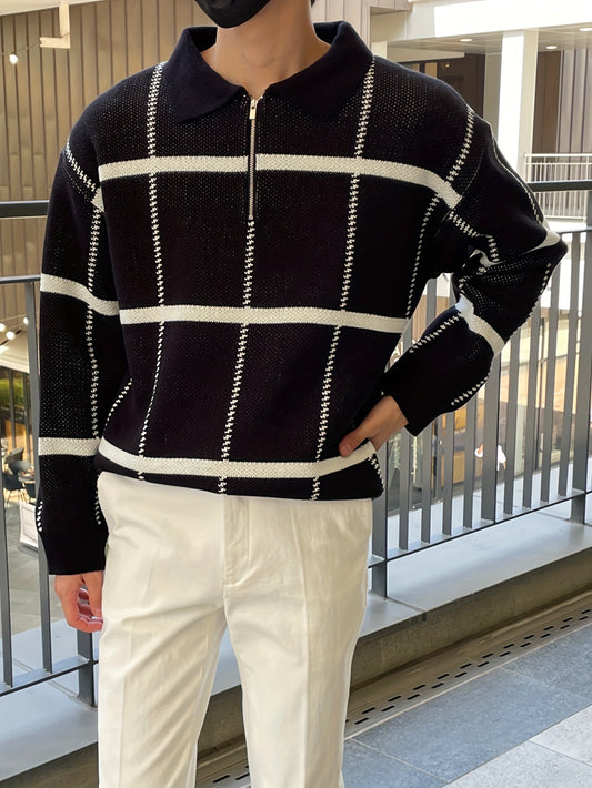 Lässiger Karo Muster Viertel Reissverschluss Pullover für Herren | Ideal für den Winter