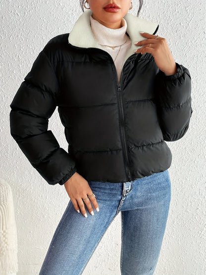 Warmer Kurzer Zip-Up Schwarzer Flauschiger Wintermantel Für Damen | Ideal für den Winter