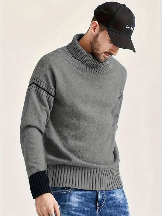 Farbblock-Grauer Gestreifter Strickrollkragenpullover Für Herren | Ideal für den Winter