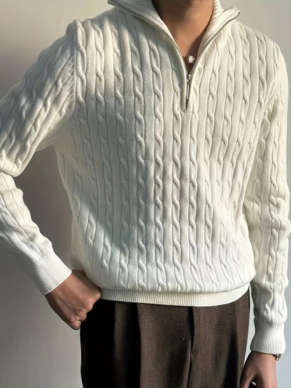 Eleganter Zopfstrickpullover mit Reißverschluss und Stehkragen für Herren | Ideal für den Winter