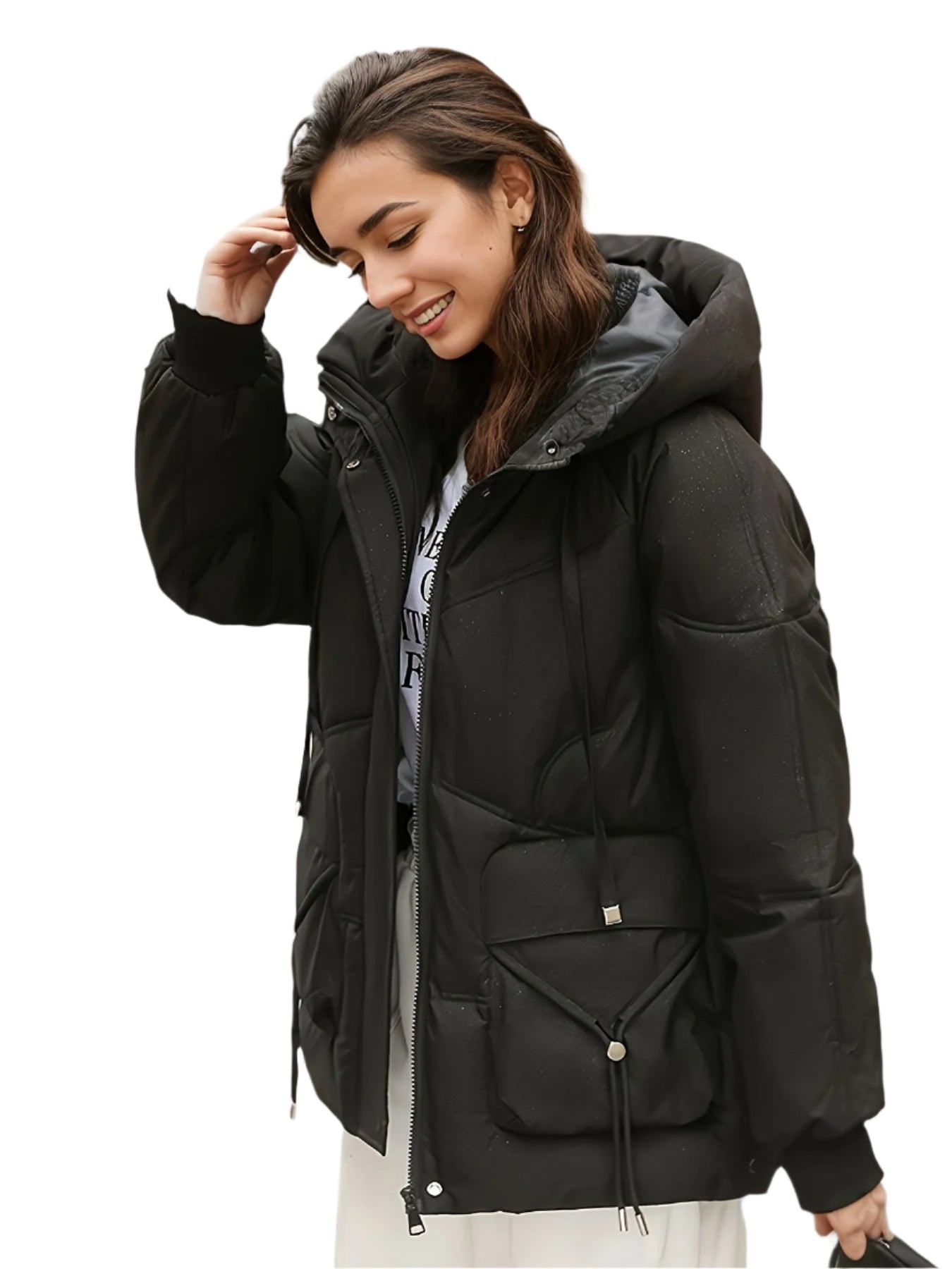 Lässiger Schwarzer Zip-Up Wintermantel Mit Kapuze Für Damen | Ideal für den Winter