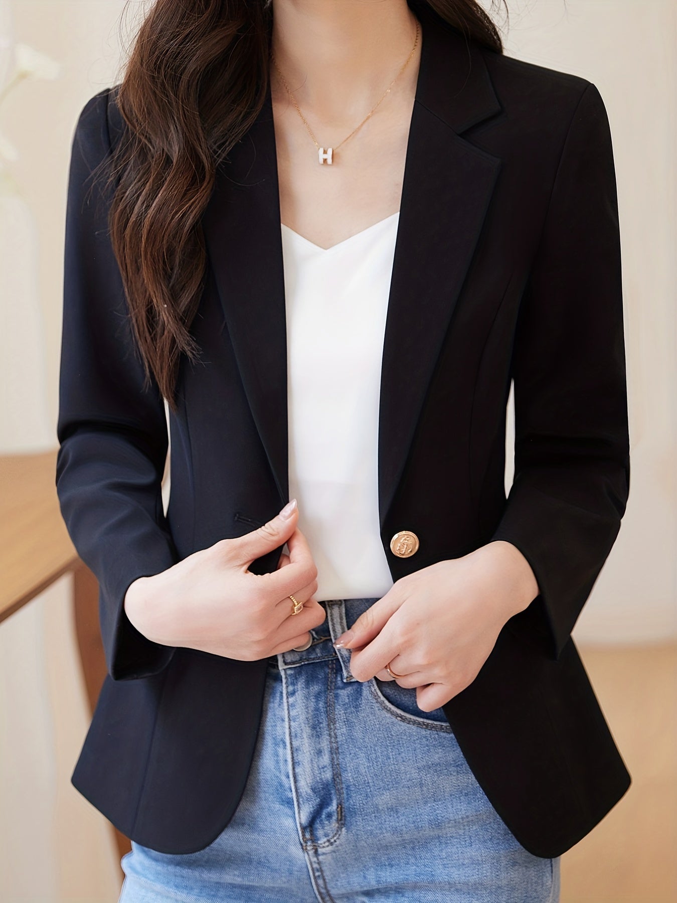 Eleganter Business Longblazer mit Einem Knopfkragen und Offenem Vorderteil für Damen | Perfekt für legere Tage