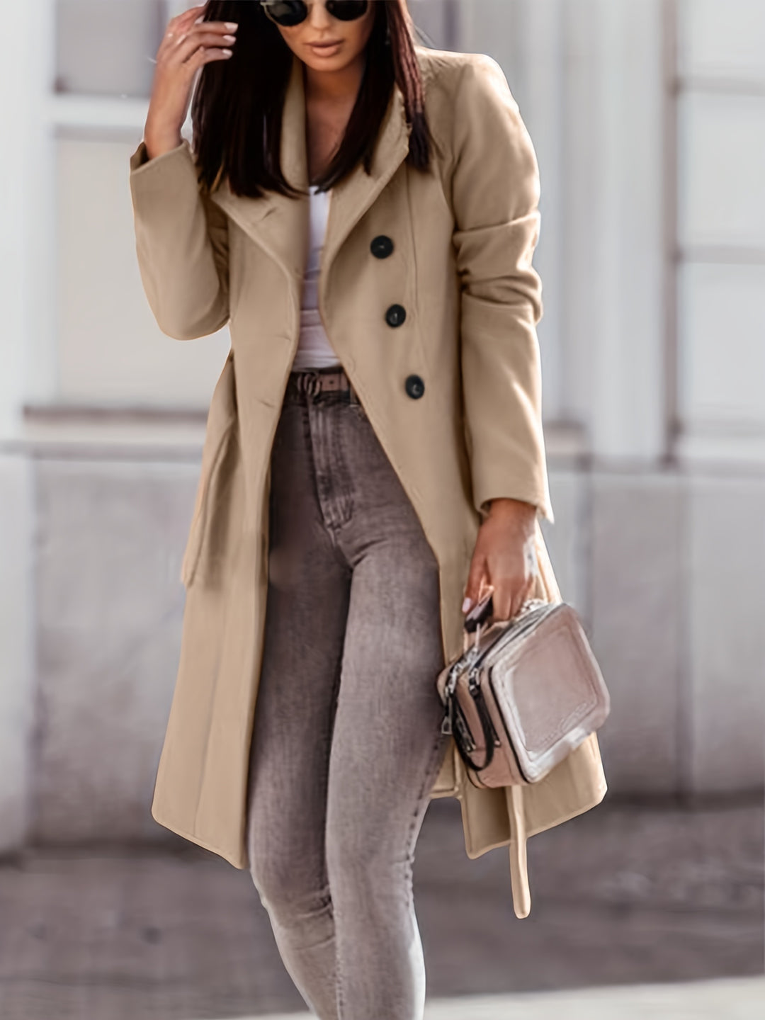 Klassischer Khaki Wollene Doppelter Knoten Trenchcoat für Damen | Ideal für den Winter