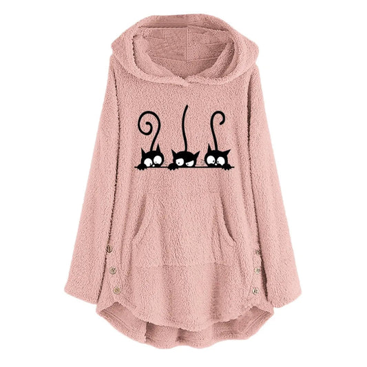 Lässiger warmer Hoodie mit Katzenstickerei und Fleece für Damen | Ideal für den Winter