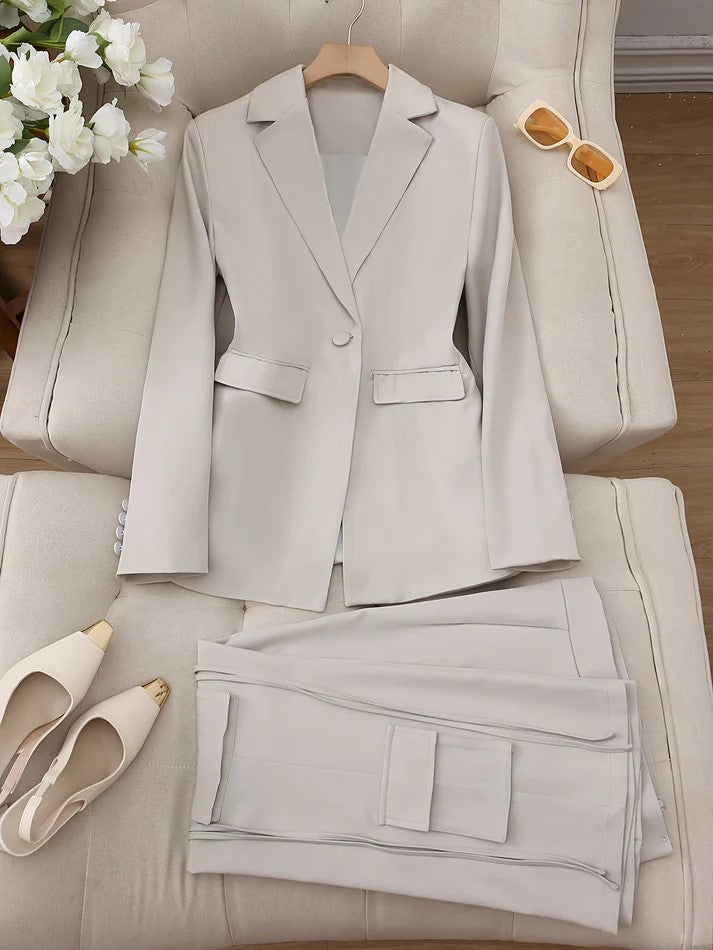 Eleganter Schalkragen Blazer & Klappentaschen Hose Blazer Set Für Damen | Chic Eleganz für Formelle Anlässe