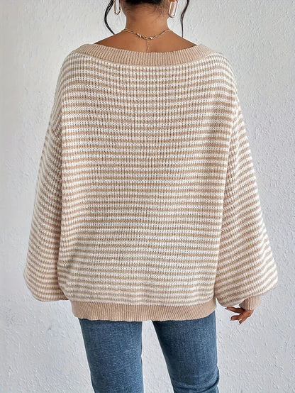 Lässiger gestreifter Off-Shoulder-Pullover mit dehnbarer Stoff und Rundhalsausschnitt für Damen | Perfekt für den Alltag