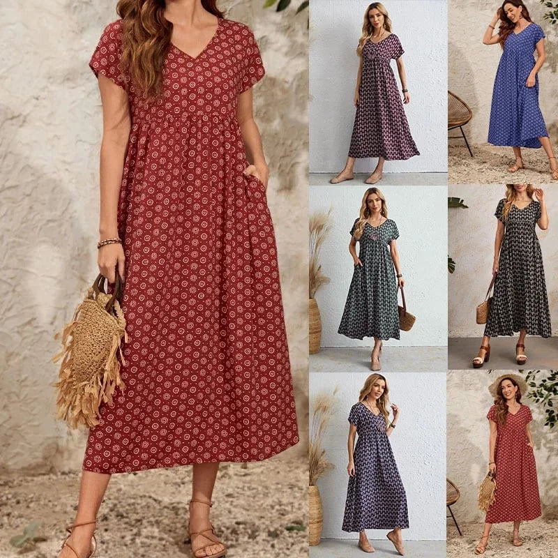 Sadira - Neues Vintage-Kleid mit V-Ausschnitt aus Leinen und Moderner Stil