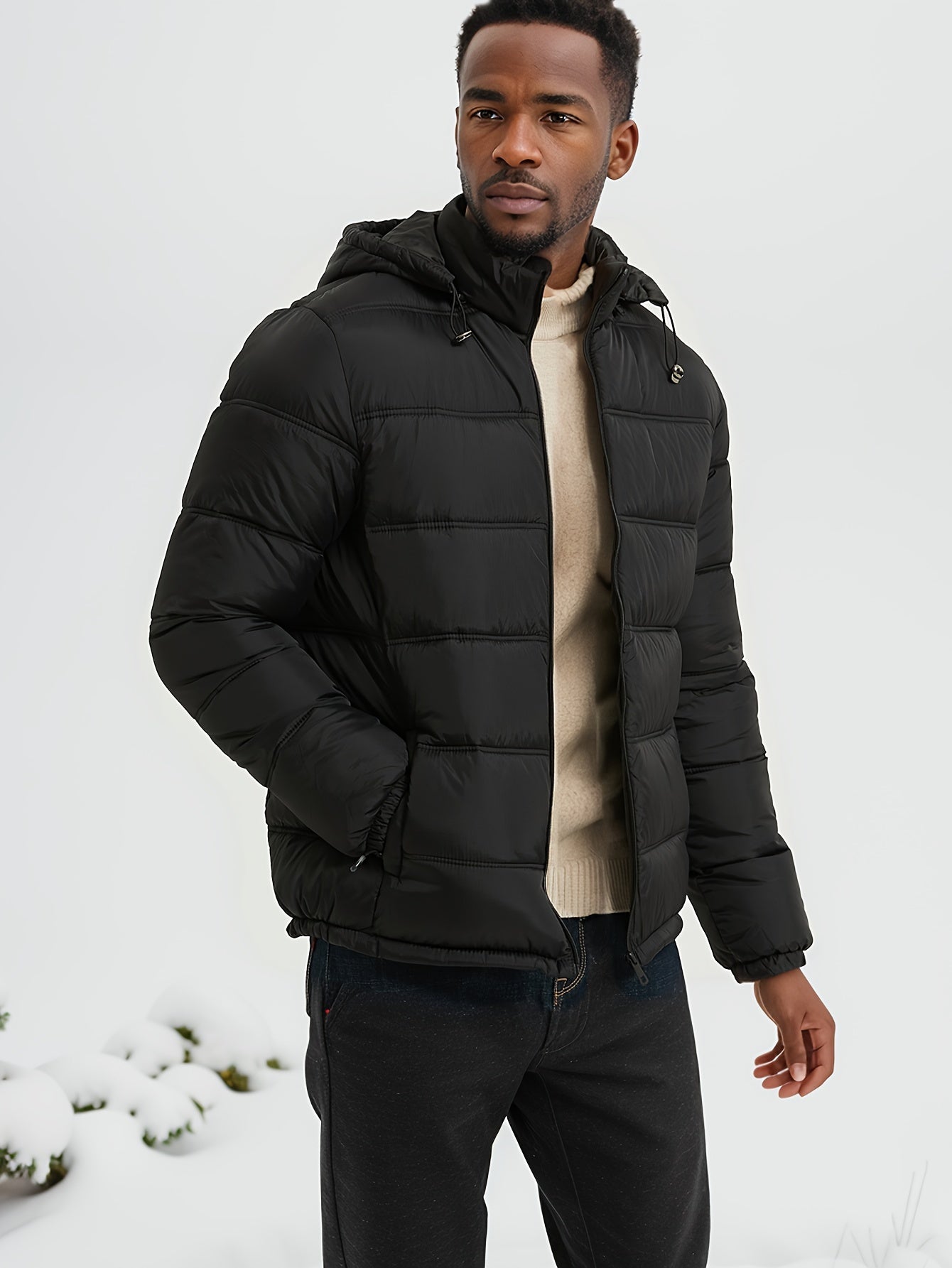 Casual Schlichte Einfarbige Puffer Winterjacke mit Kapuze und Reissverschluss für Herren | Ideal für den Winter