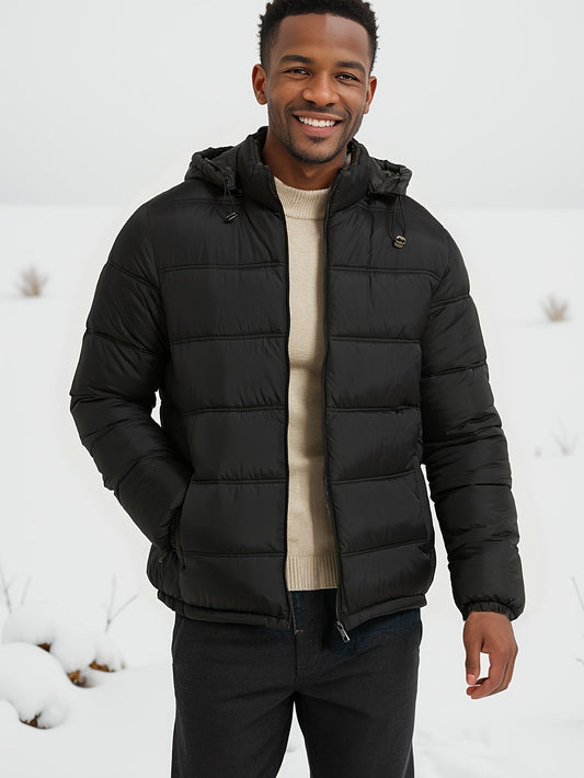 Casual Schlichte Einfarbige Puffer Winterjacke mit Kapuze und Reissverschluss für Herren | Ideal für den Winter