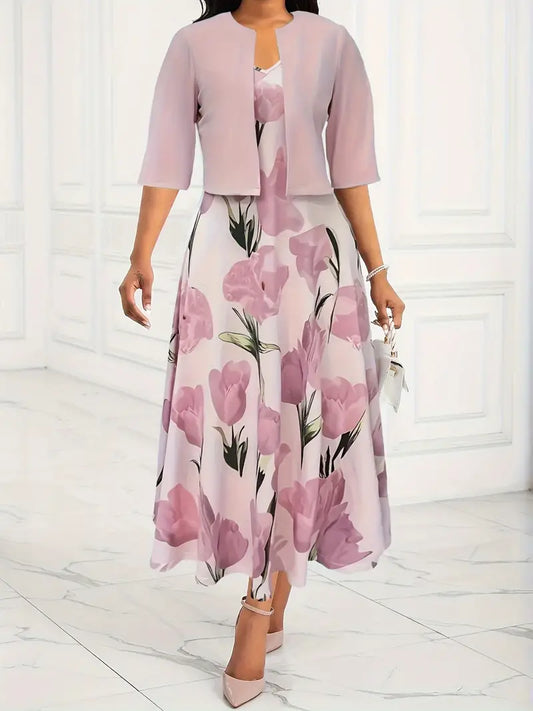 Helisandra - Florales Maxikleid mit V-Ausschnitt und Strickjacke