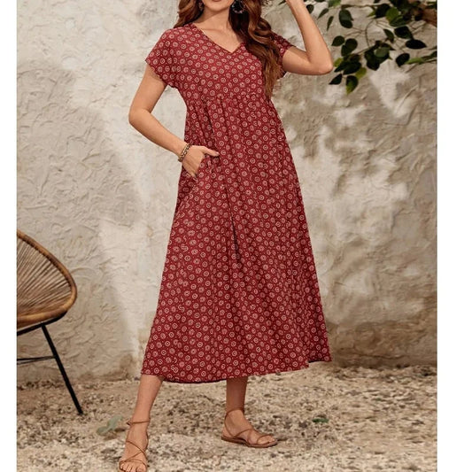 Sadira - Neues Vintage-Kleid mit V-Ausschnitt aus Leinen und Moderner Stil