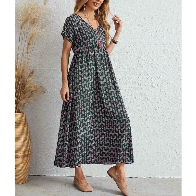 Sadira - Neues Vintage-Kleid mit V-Ausschnitt aus Leinen und Moderner Stil