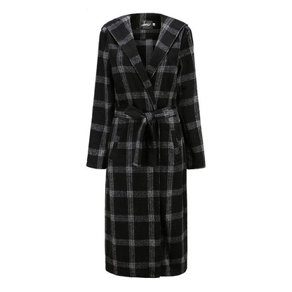 Langer Schwarzer Karierter Trenchcoat mit Kapuze für Damen | Ideal für den Winter