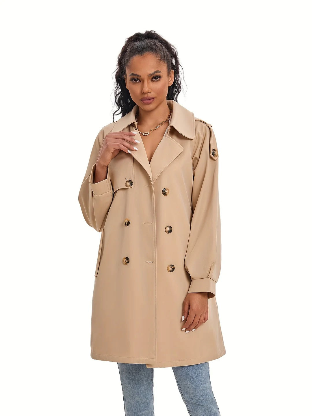 Klassischer Khaki Doppelreihiger Trenchcoat mit Puffärmeln für Damen | Ideal für den Winter