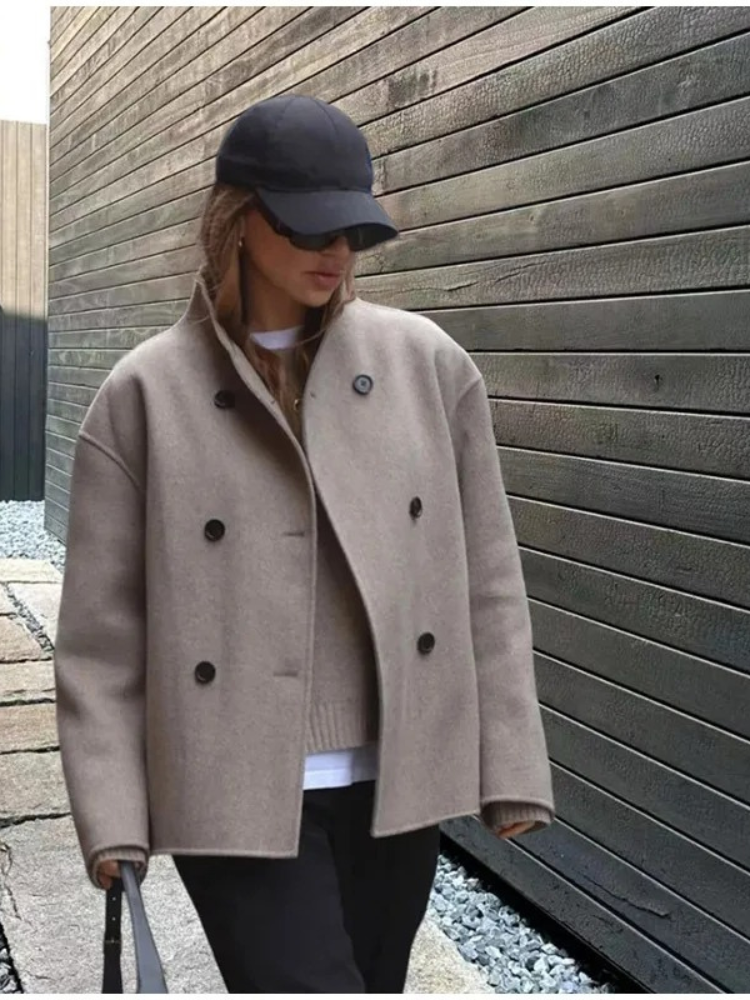 Oversize Kurz Khaki Trenchcoat mit Knöpfen für Damen | Ideal für den Winter