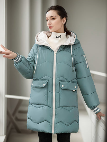 Lässiger Langer Wintermantel Mit Kordelzug Und Klappentaschen Für Damen | Ideal für den Winter