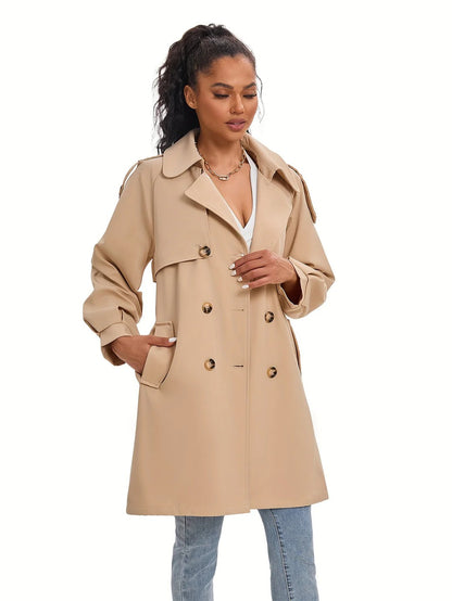 Klassischer Khaki Doppelreihiger Trenchcoat mit Puffärmeln für Damen | Ideal für den Winter