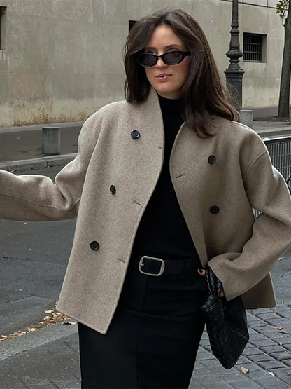 Oversize Kurz Khaki Trenchcoat mit Knöpfen für Damen | Ideal für den Winter