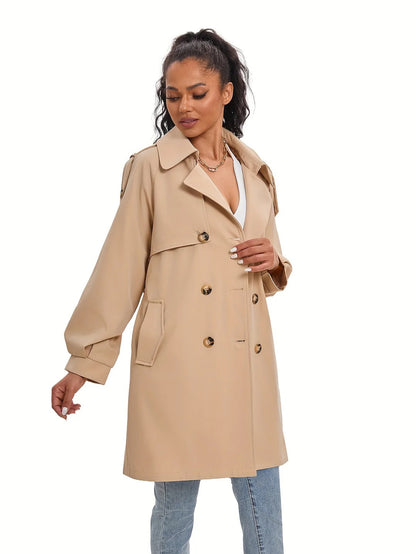 Klassischer Khaki Doppelreihiger Trenchcoat mit Puffärmeln für Damen | Ideal für den Winter