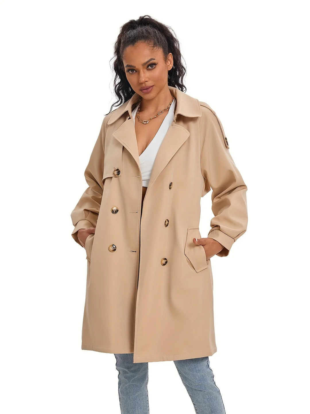 Klassischer Khaki Doppelreihiger Trenchcoat mit Puffärmeln für Damen | Ideal für den Winter